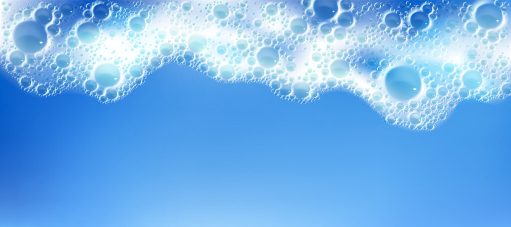 Cleaning foam with bubbles, white froth frame
