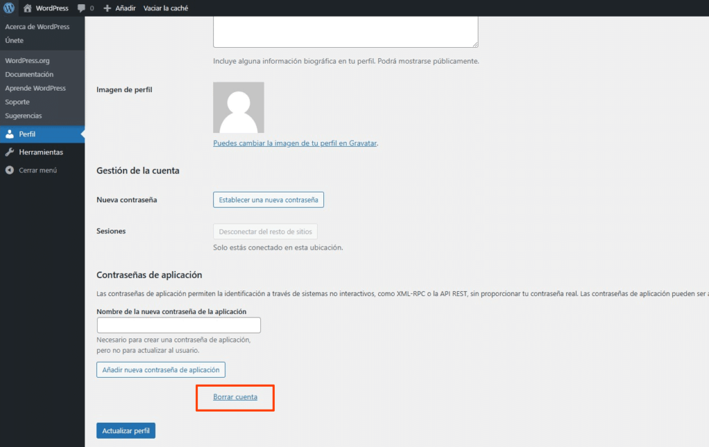 Eliminar la cuenta de WordPress-6