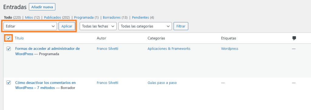 Editar entradas comentarios x
