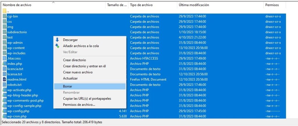 Eliminar wordpress ftp x