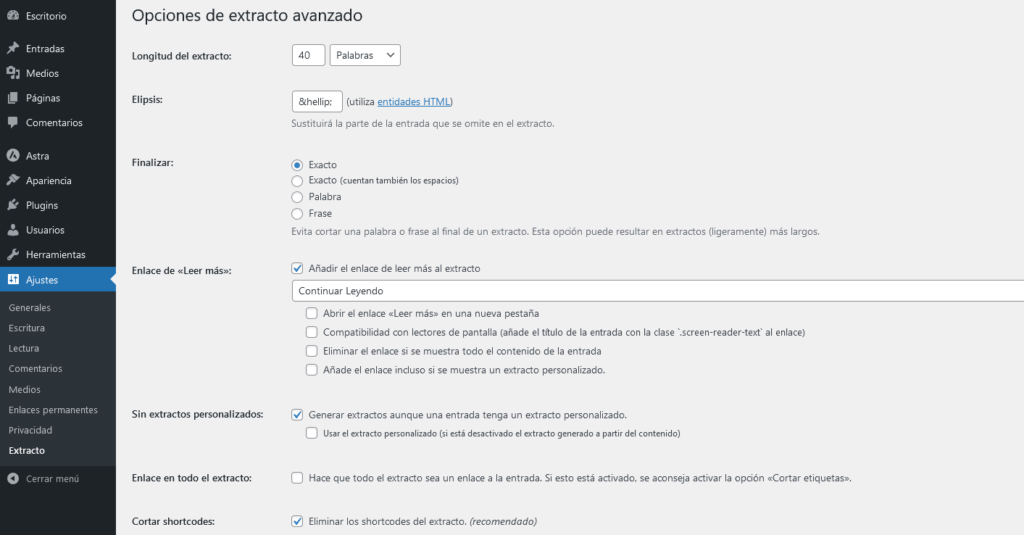 opciones de extracto avanzado