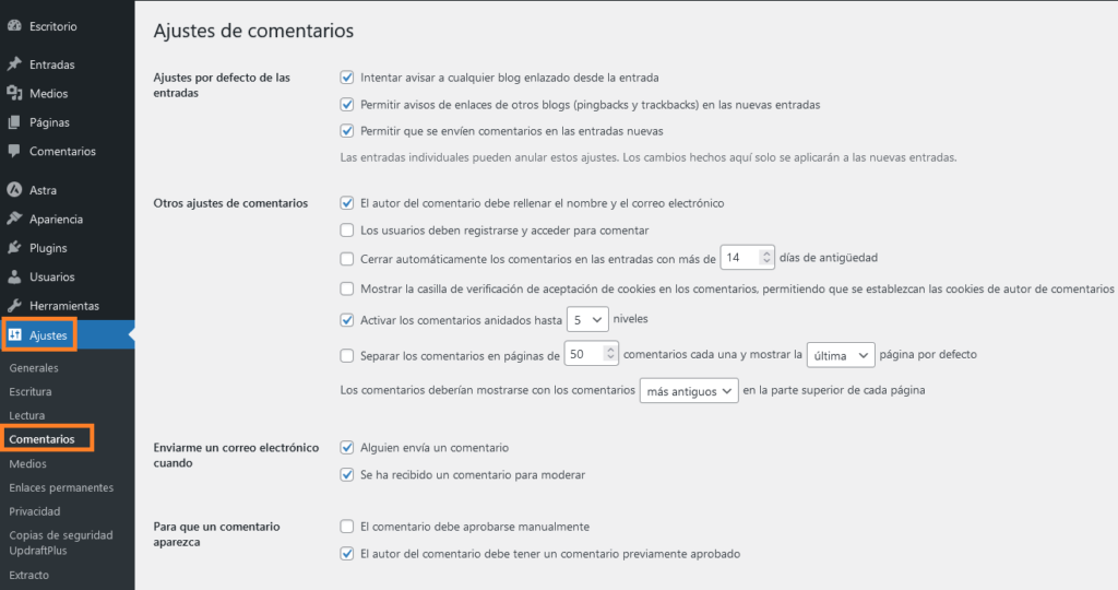 ajustes, comentarios