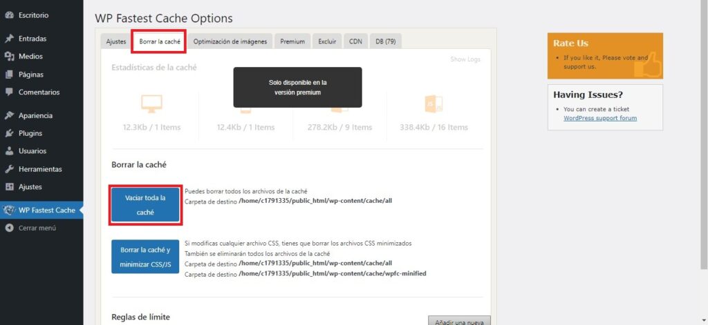 borrar caché de wordpress
