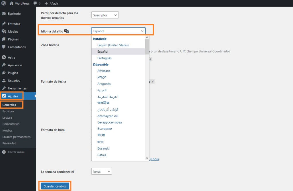 cambiar idioma wordpress