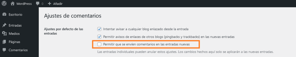 desactivar comentarios nuevos x