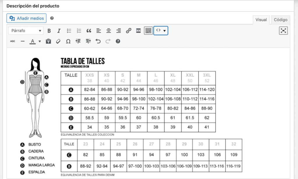 guía de talles en WooCommerce