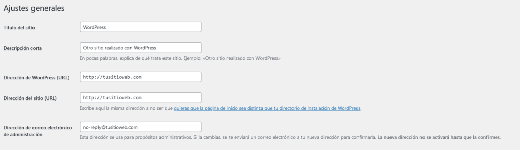 ajustes generales wordpress