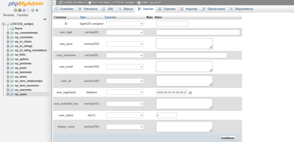 insertar nuevo usuario en phpmyadmin
