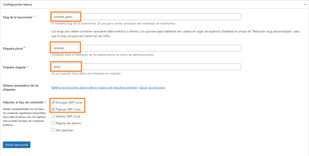 taxonomia personalizada con CPT UI