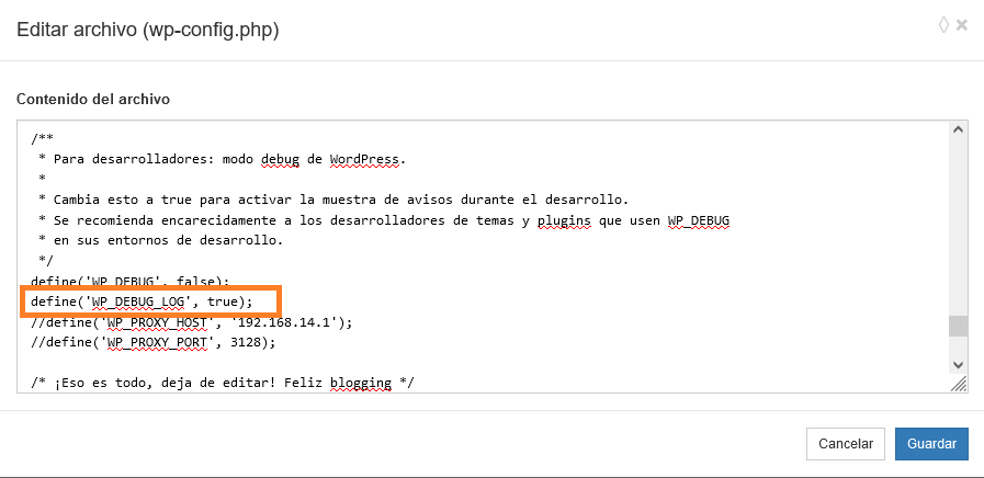 Guía completa sobre el modo Debug de WordPress 4 wp_debug_log - editar
