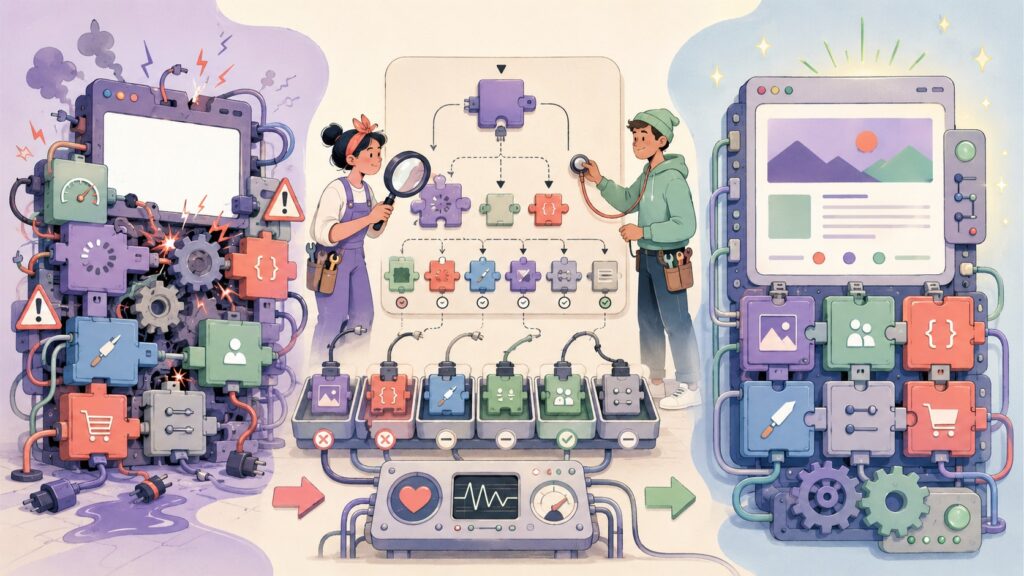 After debugging hundreds of plugin conflicts for clients, here's the pattern I kept seeing — and how I finally systematized fixing it - ilustracion