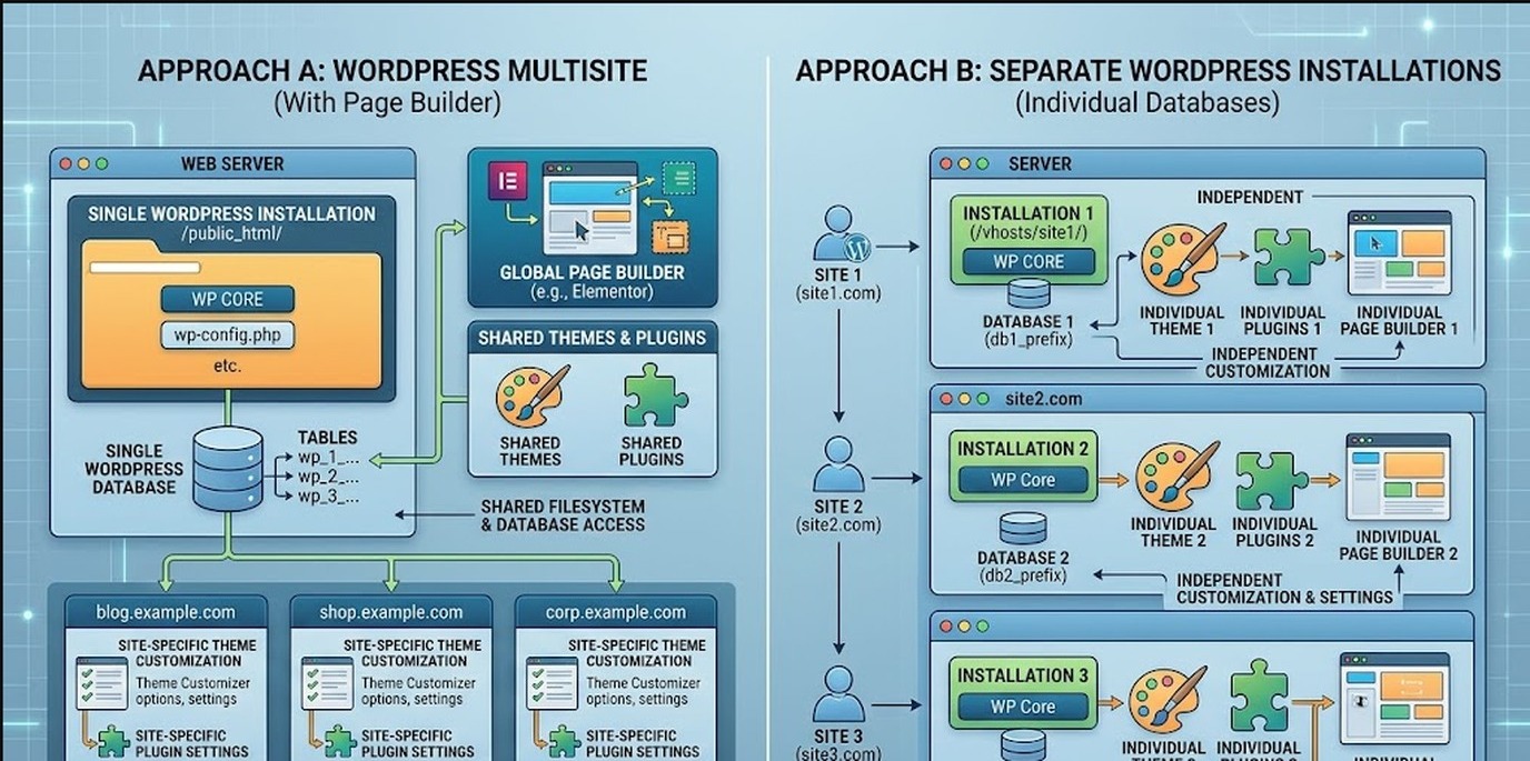 Page builders para WordPress Multisite 2026 1 page builders para wordpress multisite diagrama explicativo