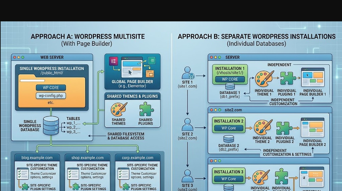 page builders para wordpress multisite diagrama explicativo
