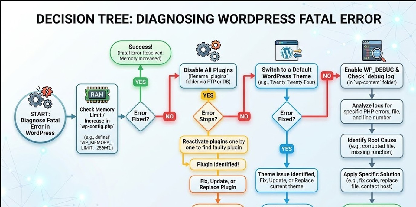 cómo reparar error fatal wordpress diagrama explicativo