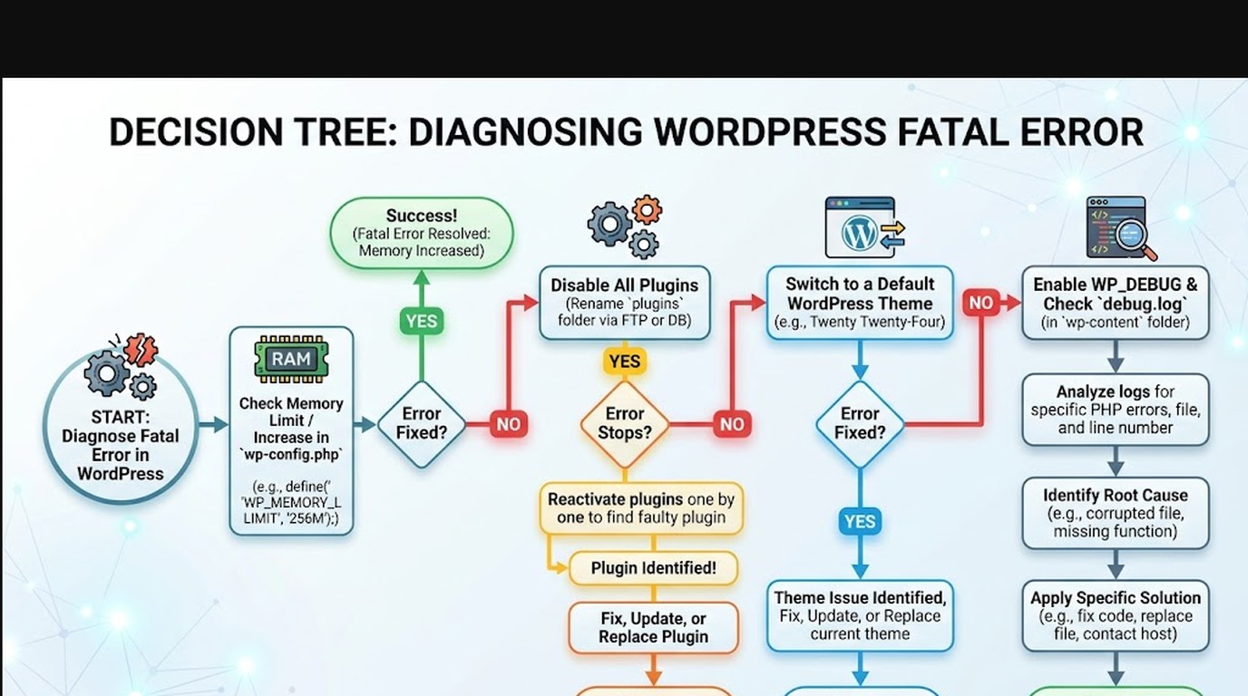 cómo reparar error fatal wordpress diagrama explicativo
