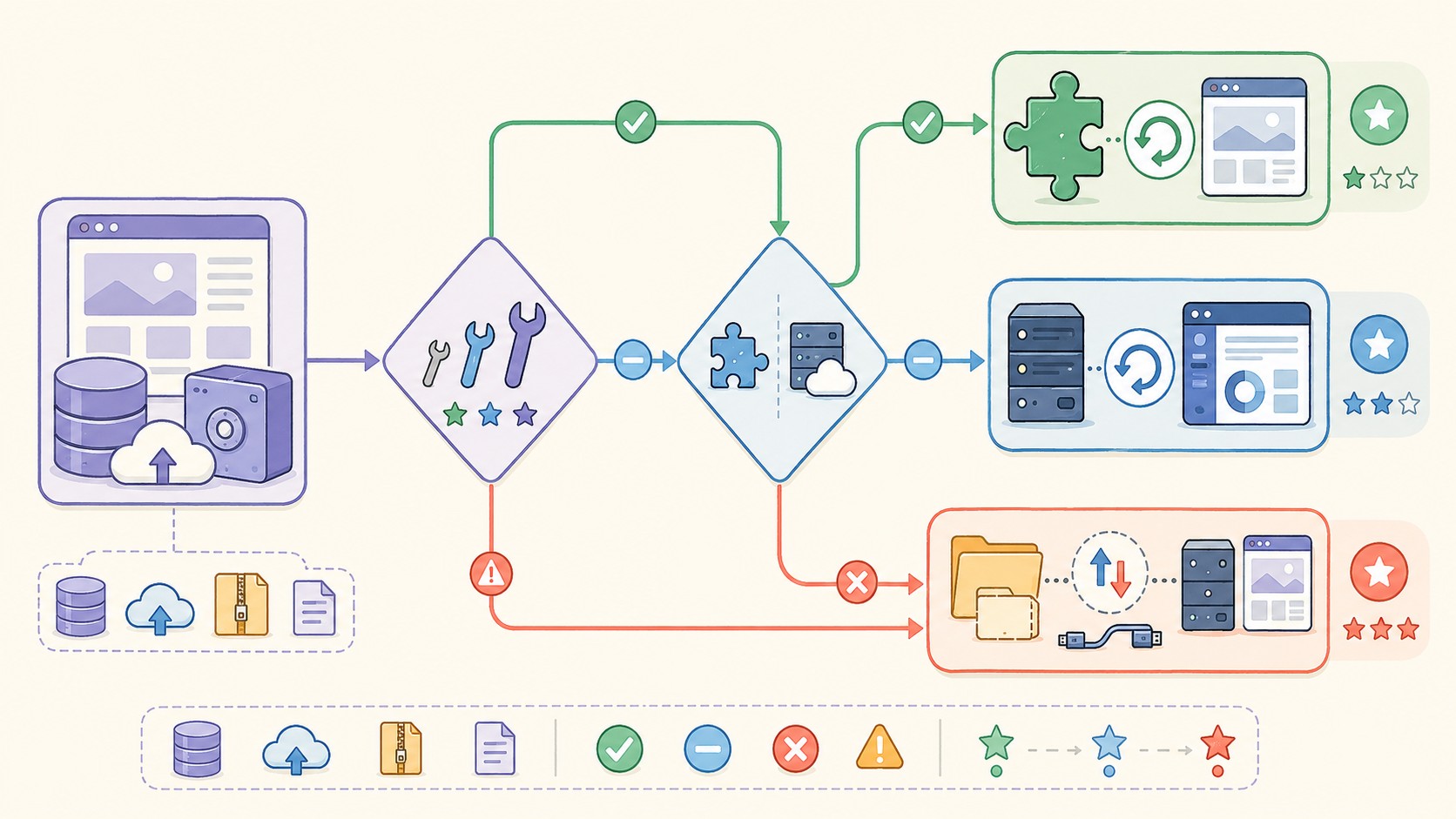 Restaurar backup WordPress: guía 2026 en 3 métodos 1 restaurar backup wordpress diagrama explicativo