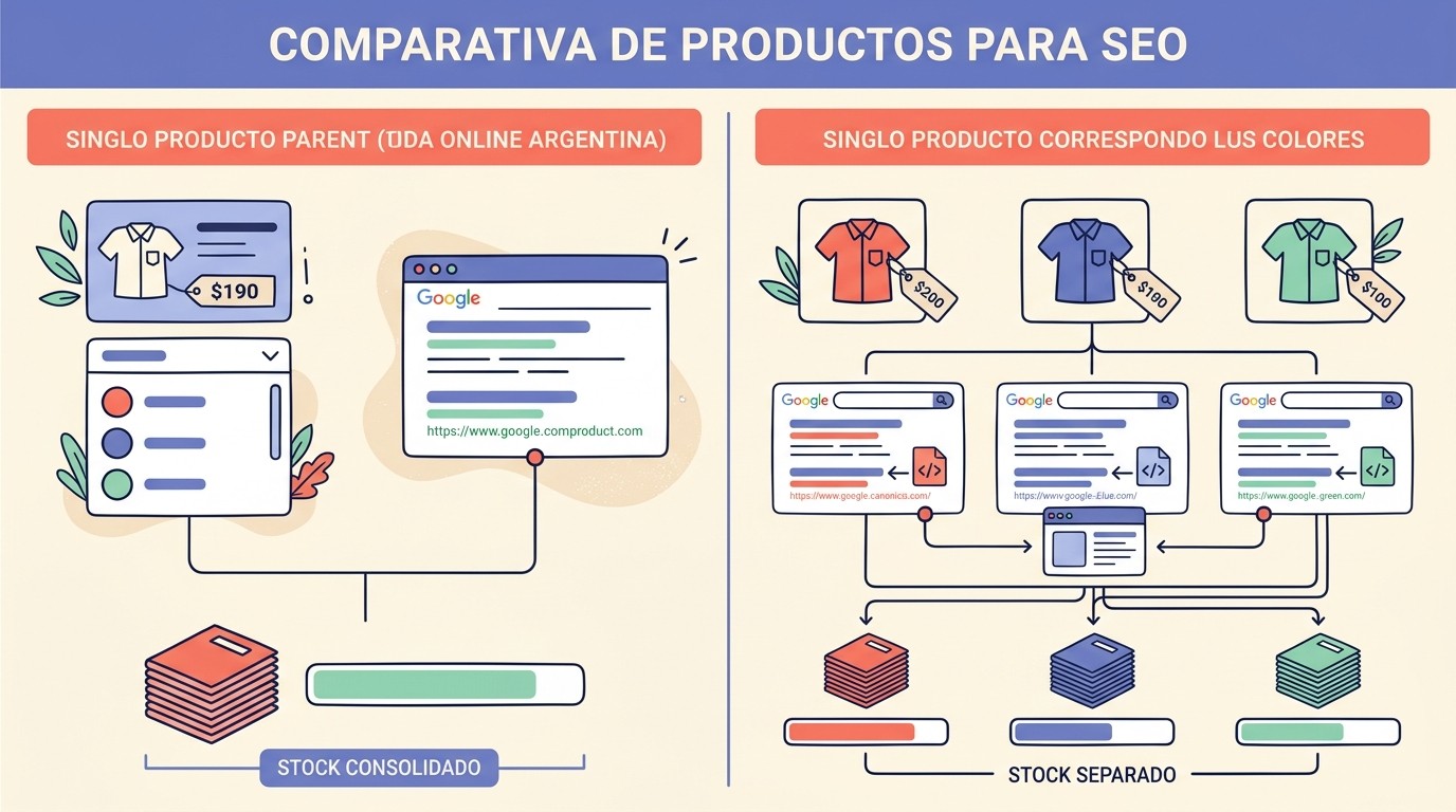 Variaciones vs productos separados en WooCommerce para SEO 1 wordpress while developing diagrama explicativo