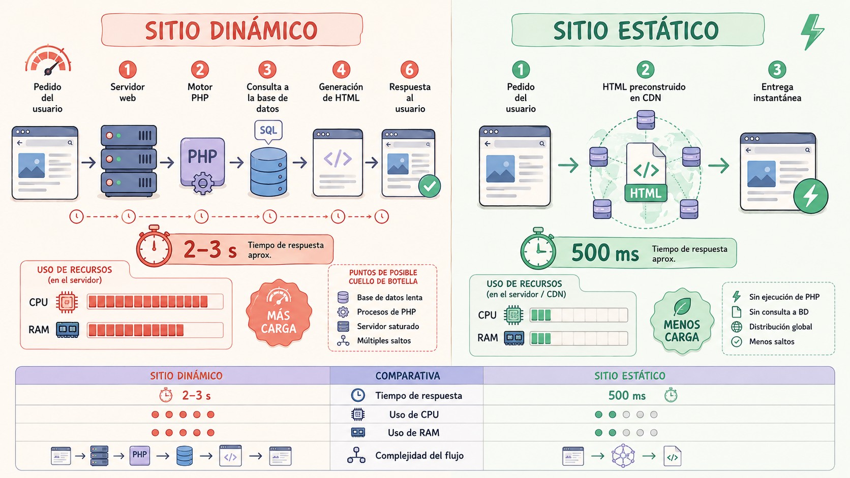 WordPress dinámico vs estático: cuándo conviene cada uno 1 wordpress dinámico vs estático diagrama explicativo