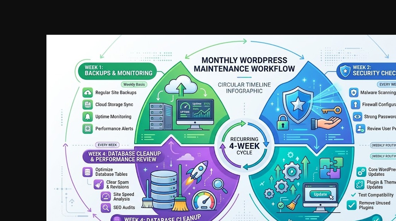 Mantenimiento WordPress: guía y checklist mensual 2026 1 mantenimiento wordpress diagrama explicativo