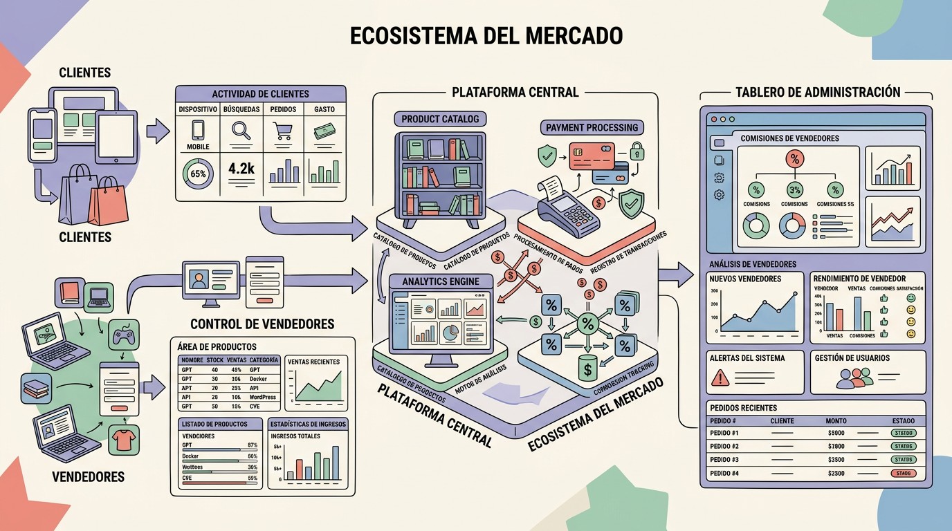 Marketplace multivendedor en WordPress: guía real 2026 1 marketplace multivendedor wordpress diagrama explicativo