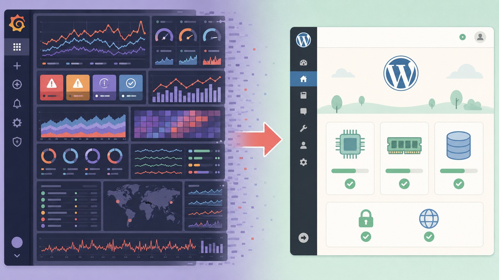Monitoreá tu servidor WordPress desde wp-admin, gratis 1 plugin monitoreo servidor wordpress diagrama explicativo