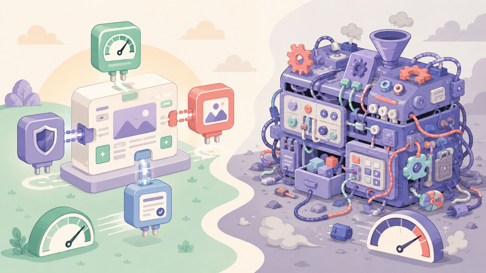 Plugins WordPress ligeros vs suites: qué conviene en 2026 - ilustracion