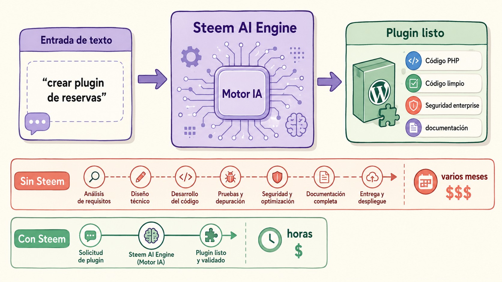 Generador de plugins WordPress con IA: el caso Steem 1 generador de plugins wordpress con ia diagrama explicativo
