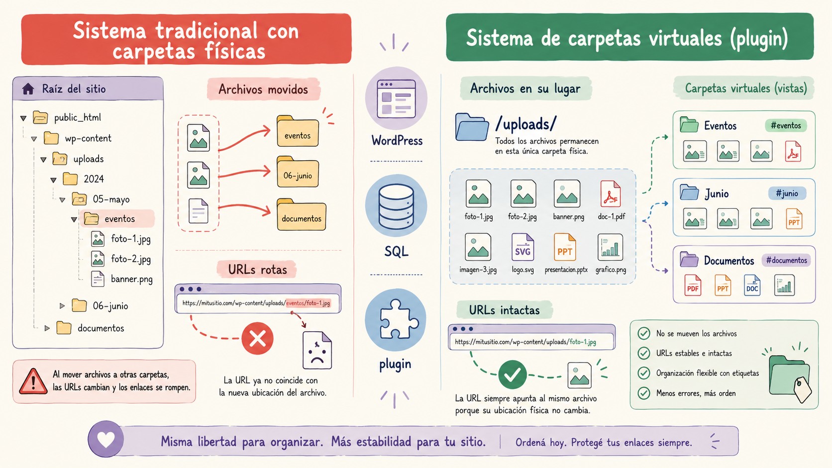 Plugin de carpetas para Media Library sin romper URLs 1 plugin carpetas biblioteca multimedia wordpress diagrama explicativo