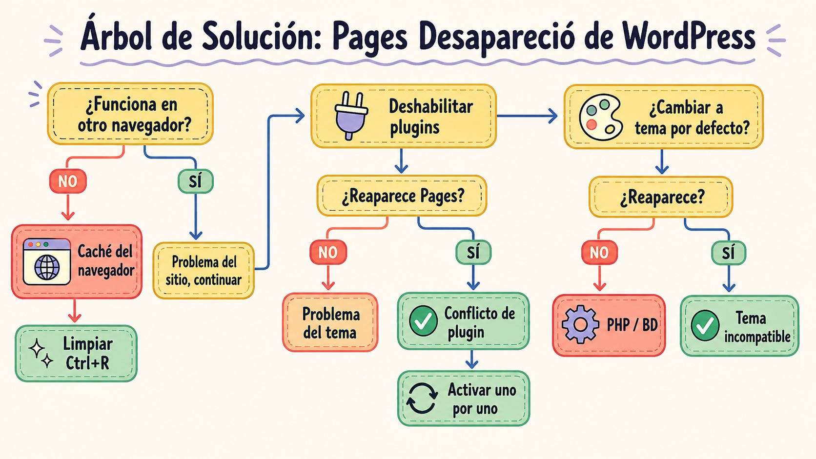Sección páginas desaparecida WordPress: solución 1 sección páginas desaparecida wordpress diagrama explicativo