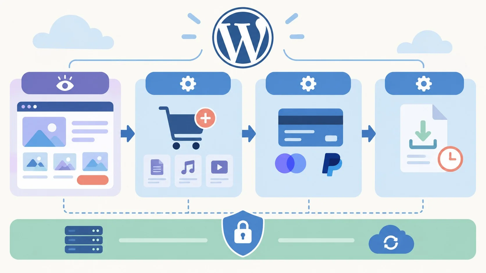 16 temas WordPress para vender productos digitales en 2026 1 temas wordpress productos digitales diagrama explicativo